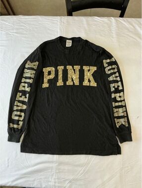 PINK Victoria Secret Black Long Sleeve Shirt with Gold Sequin Logo and LOVE PINK